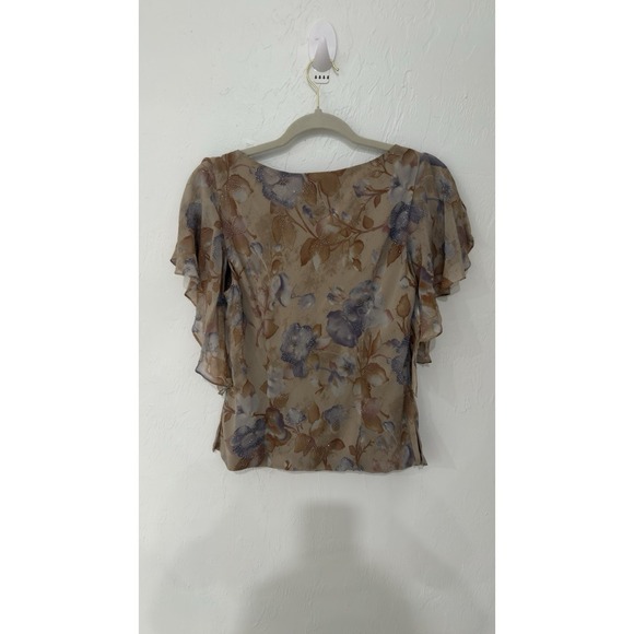 Carmen Marc Valvo silk floral beige draped blouse with beaded details size 12 - Picture 4 of 8